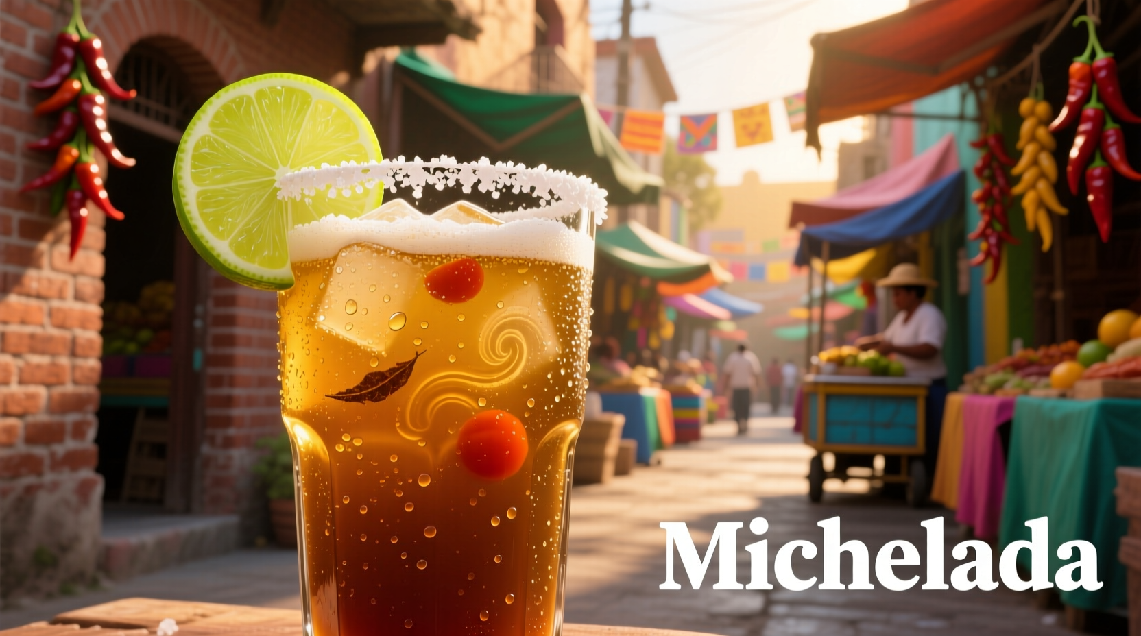 Michelada cocktail in salt-rimmed glass with lime