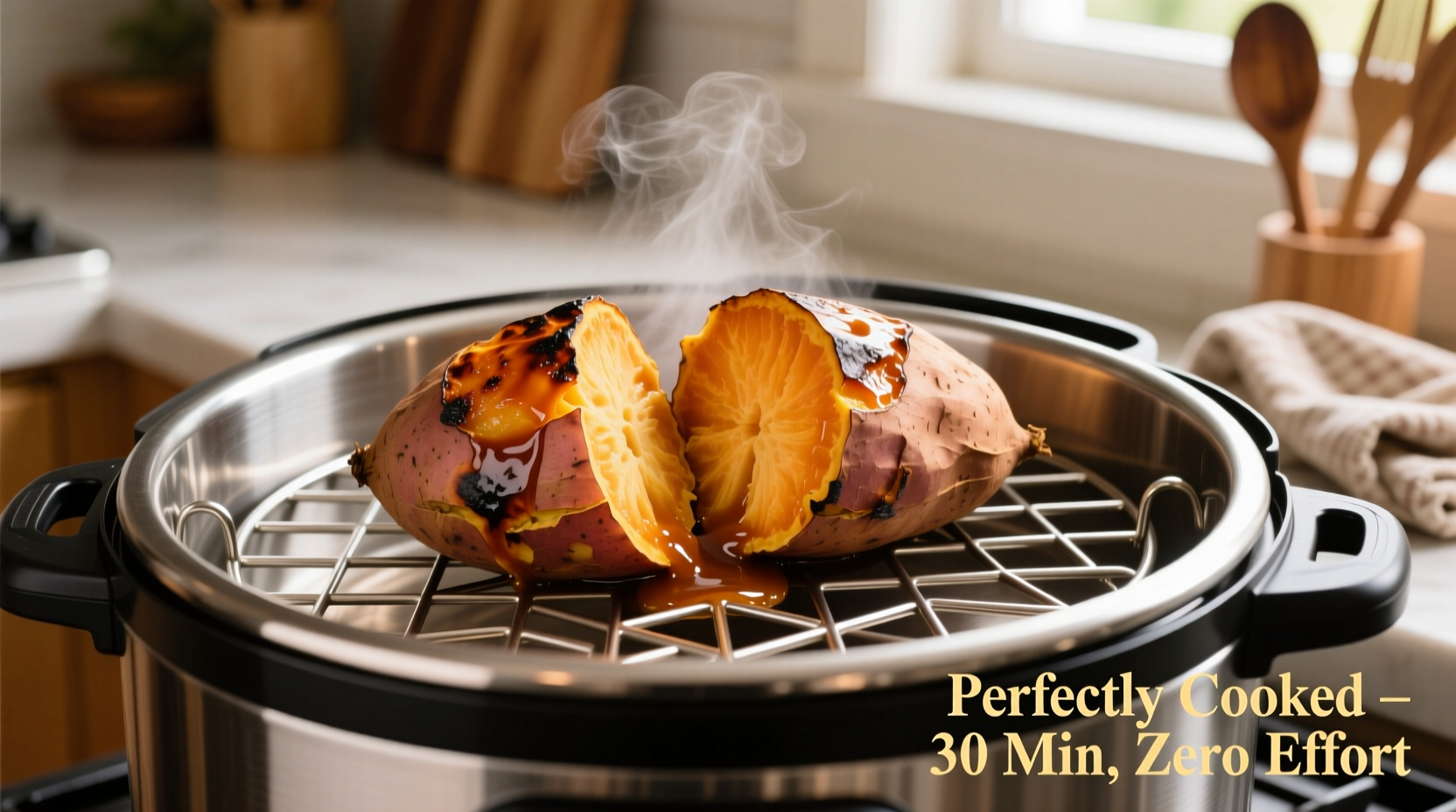 Perfectly cooked instant pot sweet potatoes on trivet