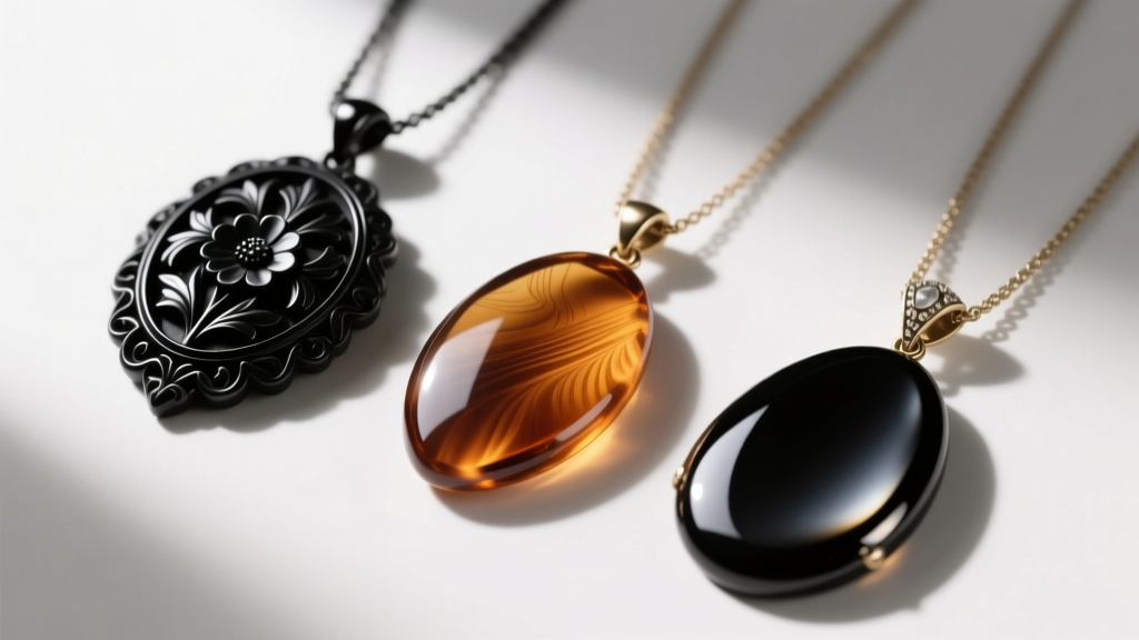 Carved Whitby jet, gutta-percha, and French jet mourning pendants displayed to highlight surface textures and light reflections.