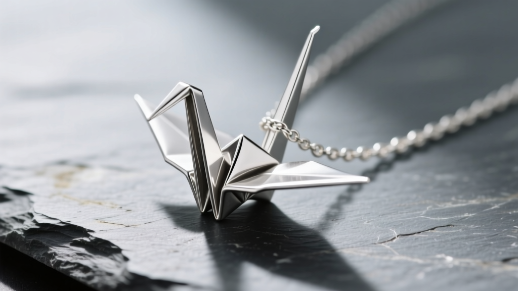 Macro shot of a sterling silver origami crane necklace on slate, highlighting sharp folded metal creases and a soft matte finish.