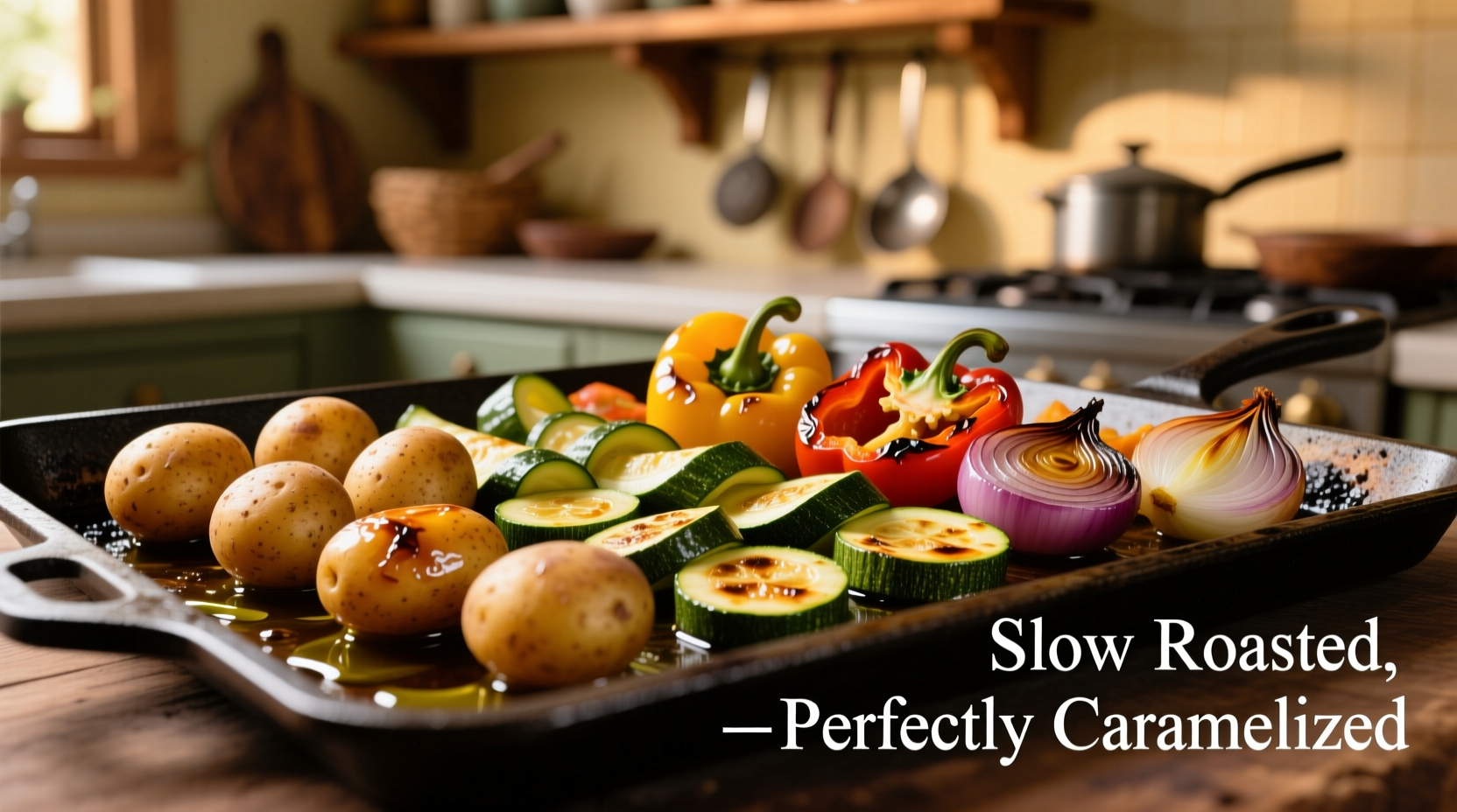 Perfectly caramelized mixed vegetables on baking sheet