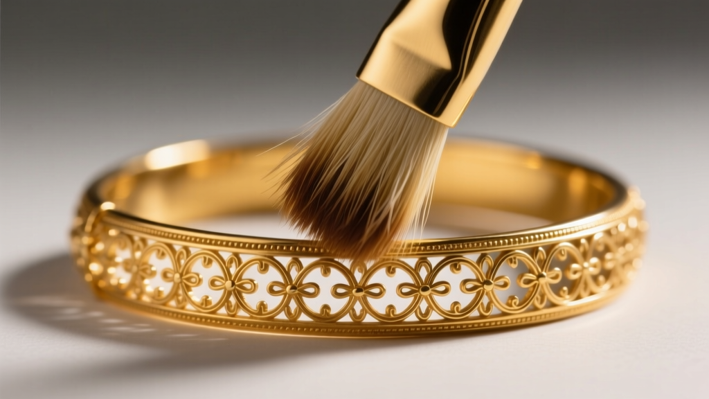 A soft horsehair brush delicately cleaning the matte filigree of a 22k gold Indian bangle under warm, focused studio lighting