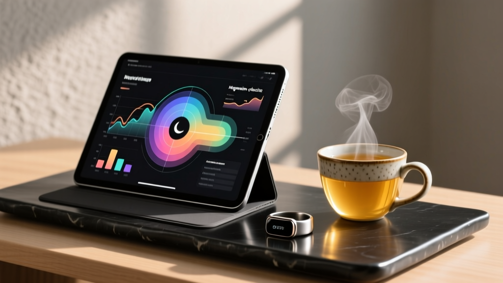 A sleek infographic-style desk setup showing a tablet displaying sleep architecture graphs, a smart ring, and a cup of magnesium glycinate tea.