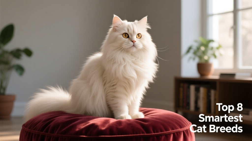 A regal Persian cat with luxurious long fur and gentle, wide-set eyes resting calmly on a plush cushion