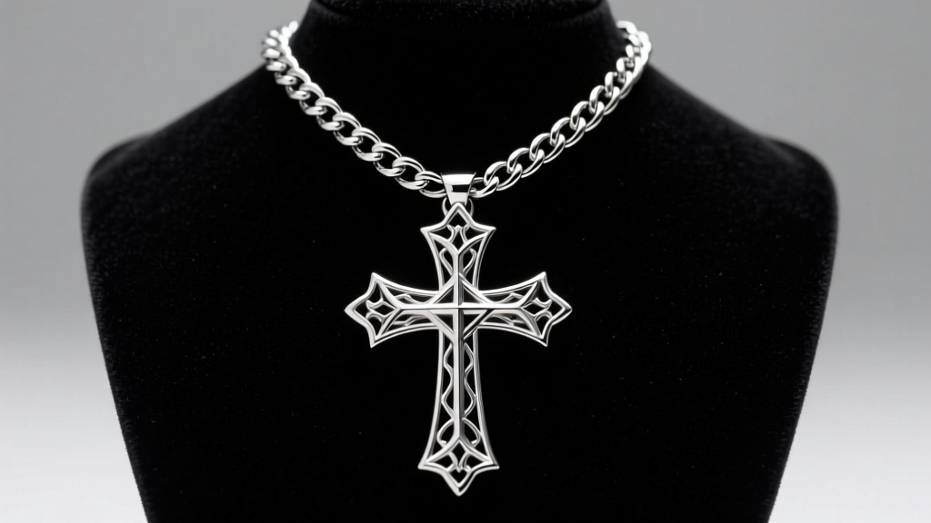 316L surgical stainless steel gothic cross necklace with thick curb chain on a velvet bust against a neutral grey studio backdrop
