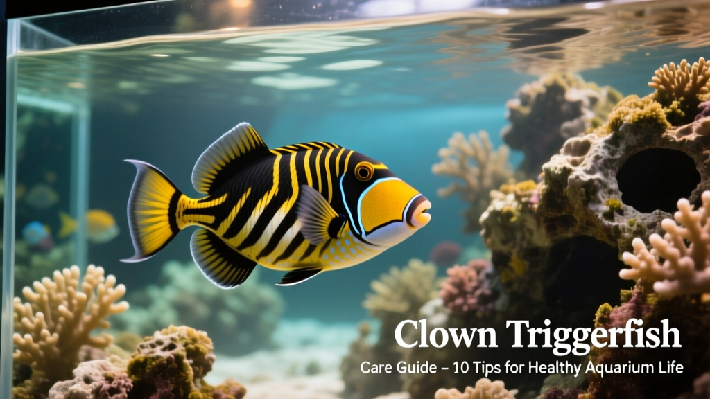 A vibrant clown triggerfish swimming confidently in a well-established saltwater aquarium with live rock and open swimming space