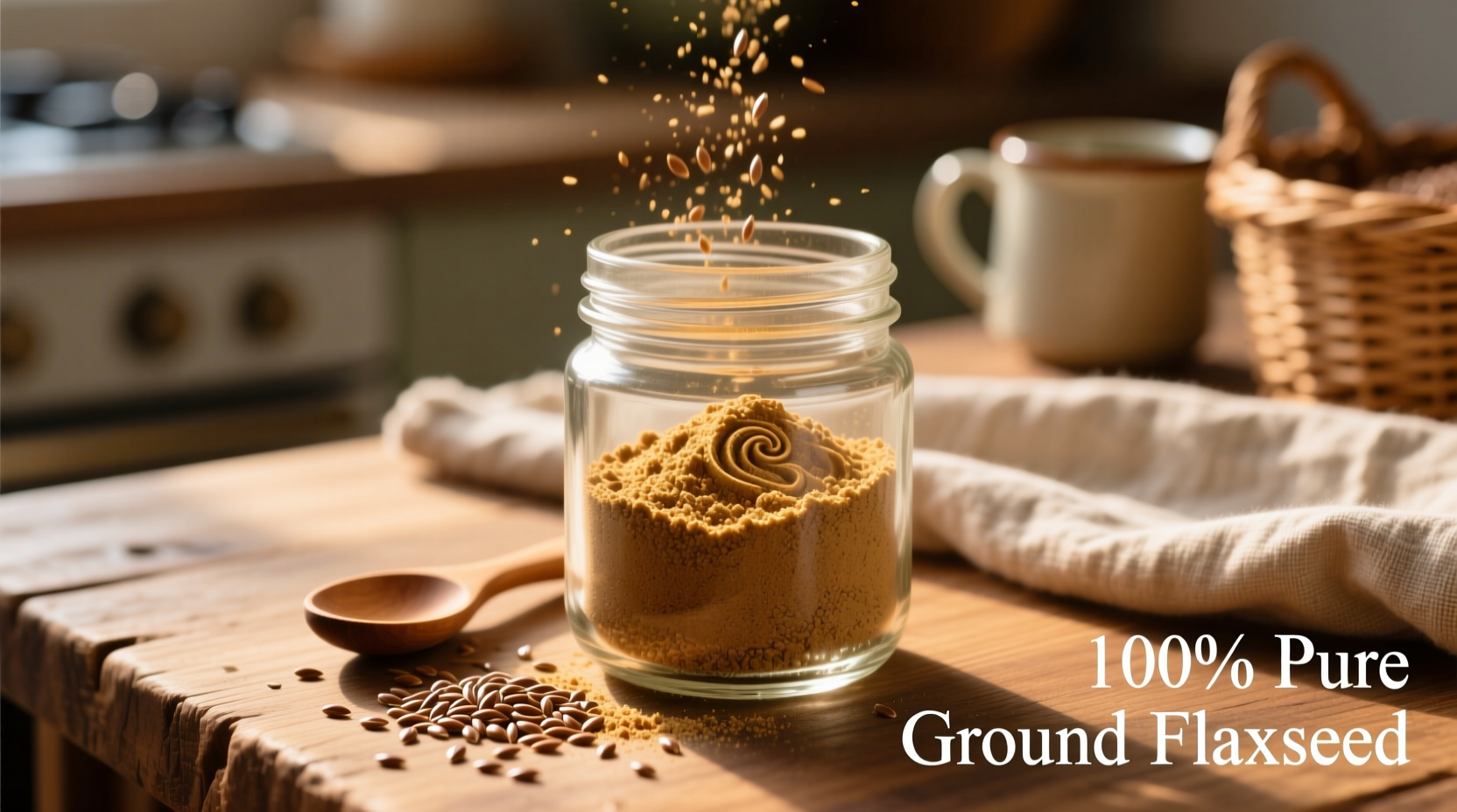 Freshly ground flax seed in a glass container