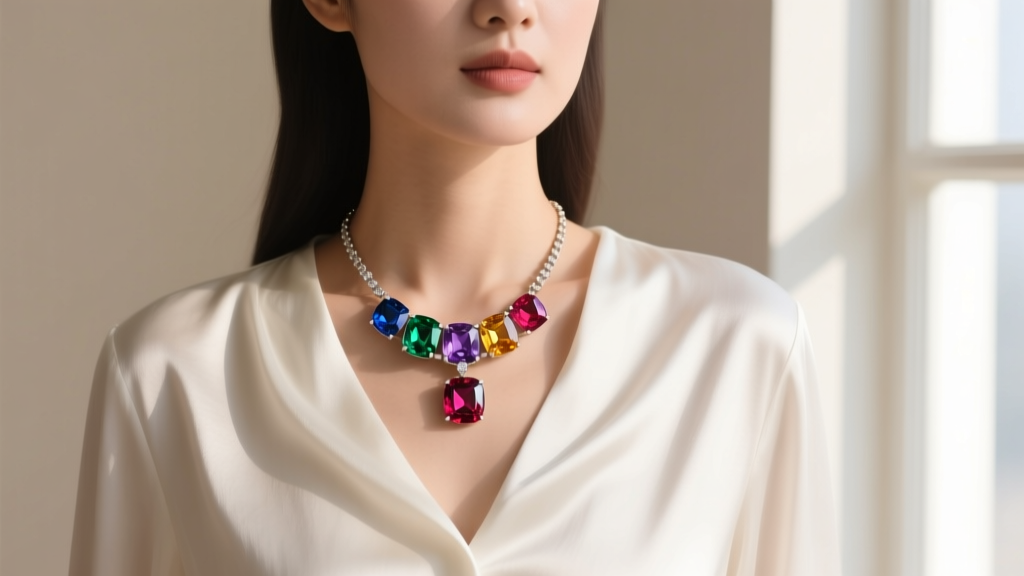 Woman wearing a rainbow gemstone pendant necklace over a white silk blouse, highlighting vibrant stones against the bright fabric.