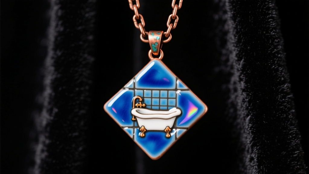 Macro shot of vitreous enamel Stardew Valley bath house pendant showing glossy blue tiles and copper links on dark velvet