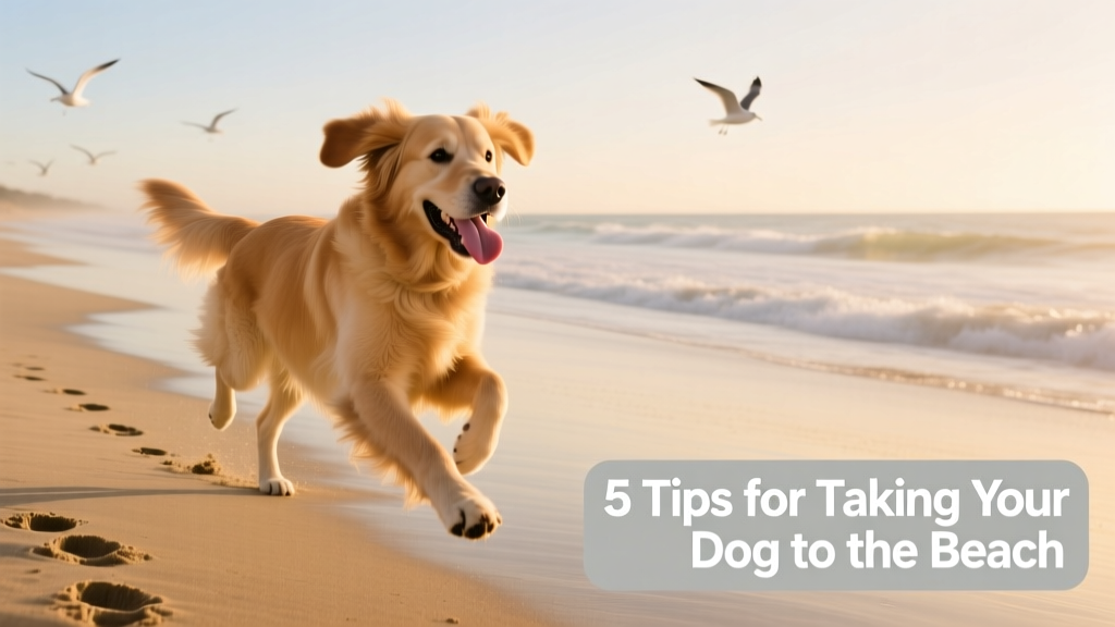 Dog happily running along a quiet, sunny beach shoreline