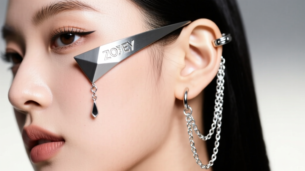 Ear styled in the Zoey K-pop trend, showing asymmetrical titanium ear cuffs and silver chain drops under bright studio lighting.