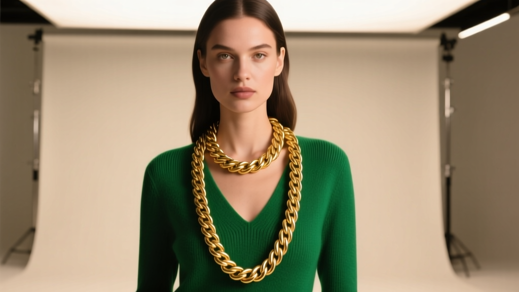 Model wearing a 32-inch gold-filled rope necklace over an emerald V-neck sweater, warm studio lighting highlighting chain texture.