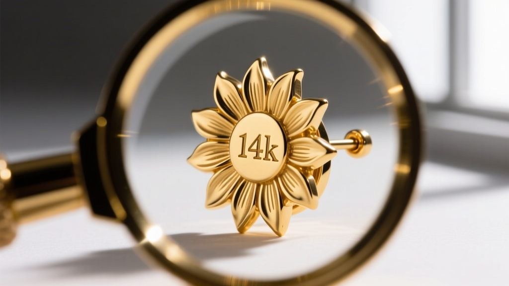 Close-up of a jewelry loupe inspecting the 14k hallmark and 20-gauge post thickness on a die-struck gold sunflower earring back.
