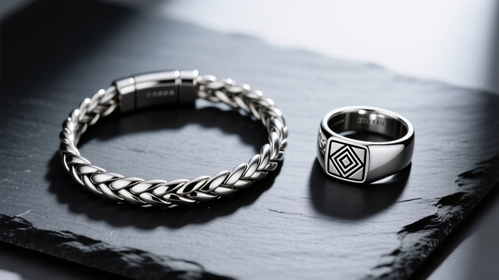 Overhead flat lay of masculine 316L stainless steel jewelry including a braided bracelet and signet ring on dark slate.