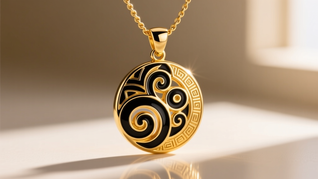 14k gold Hawaiian heirloom pendant with black enamel scrollwork hanging on a delicate rope chain in bright natural window light