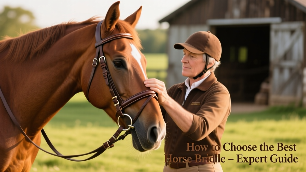 Trainer demonstrating proper bridle fit on a calm horse, highlighting browband and noseband placement