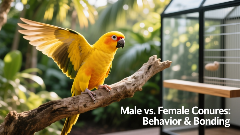 A golden conure with brilliant yellow plumage perched confidently on a wide branch, wings slightly flared