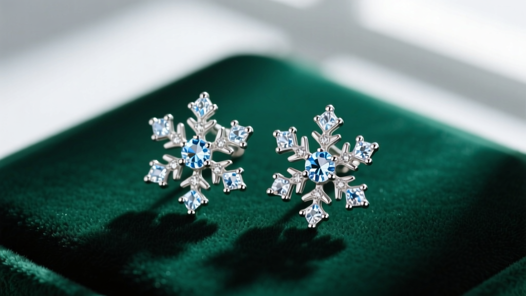 Macro photography of intricate 925 sterling silver snowflake earrings with cubic zirconia accents resting on dark green velvet