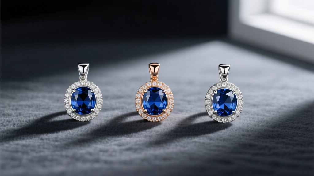 Three bezel-set sapphire pendants in silver, rose gold, and platinum displayed side-by-side on dark grey velvet fabric.