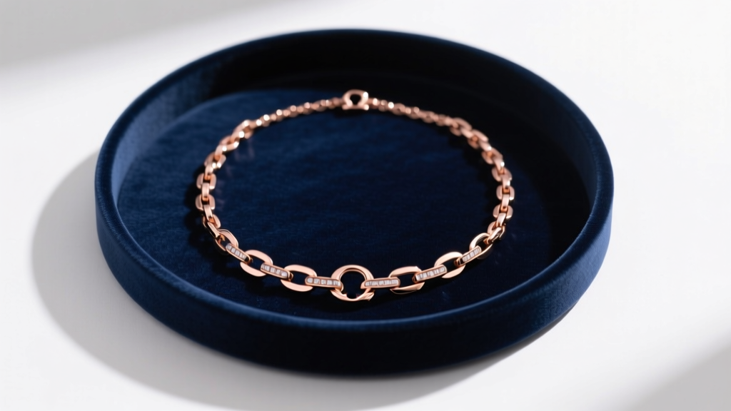 Flat lay of a rose gold omega necklace laid in a wide circle inside a velvet tray to prevent structural kinking and metal fatigue