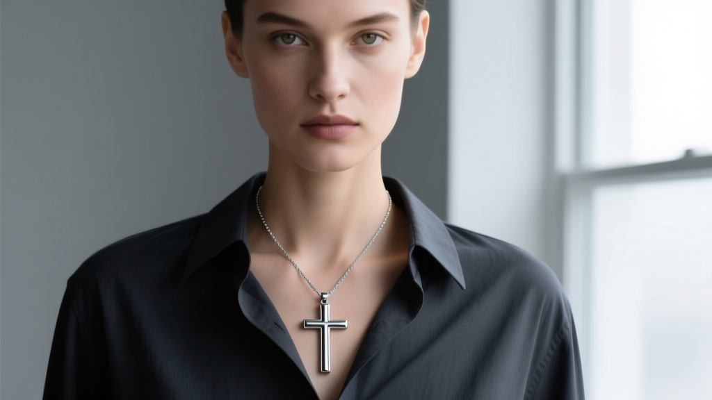 Model wearing an 18 inch cross necklace, showing the pendant resting precisely at the upper sternum over a dark cotton shirt.