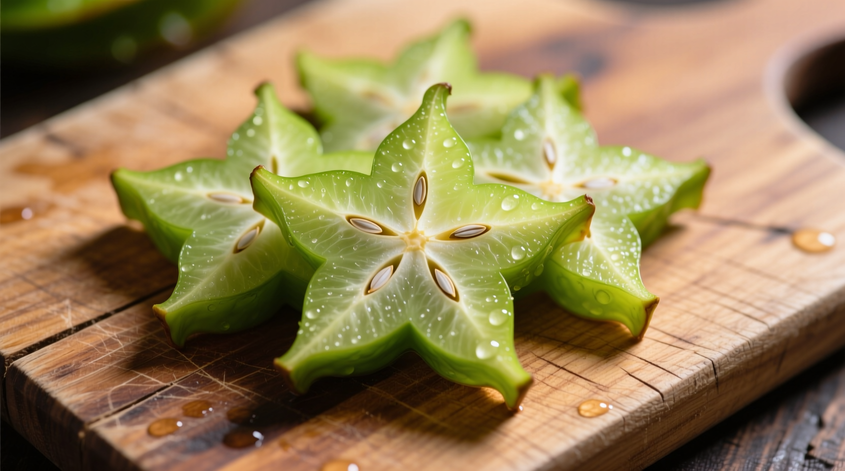 Sliced ripe star fruit on wooden cutting board
