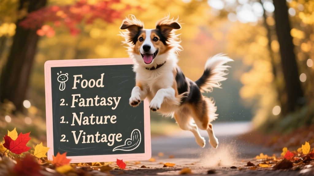 A playful mixed-breed dog leaping mid-air against a backdrop of autumn leaves, with a chalkboard-style graphic overlay listing fun name categories: 'Food', 'Fantasy', 'Nature', 'Vintage'