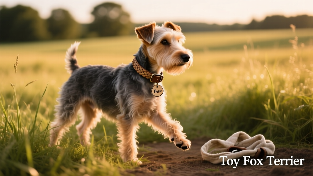 Vertical shot of grown toy fox terrier standing in grasss