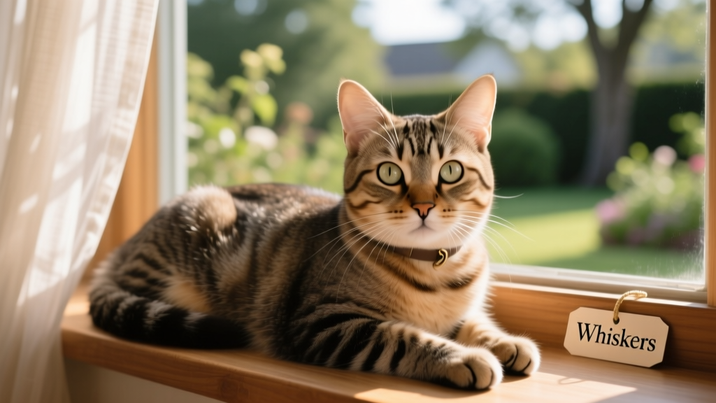 Close-up of a calm, alert cat resting peacefully on a windowsill, illustrating normal feline behavior