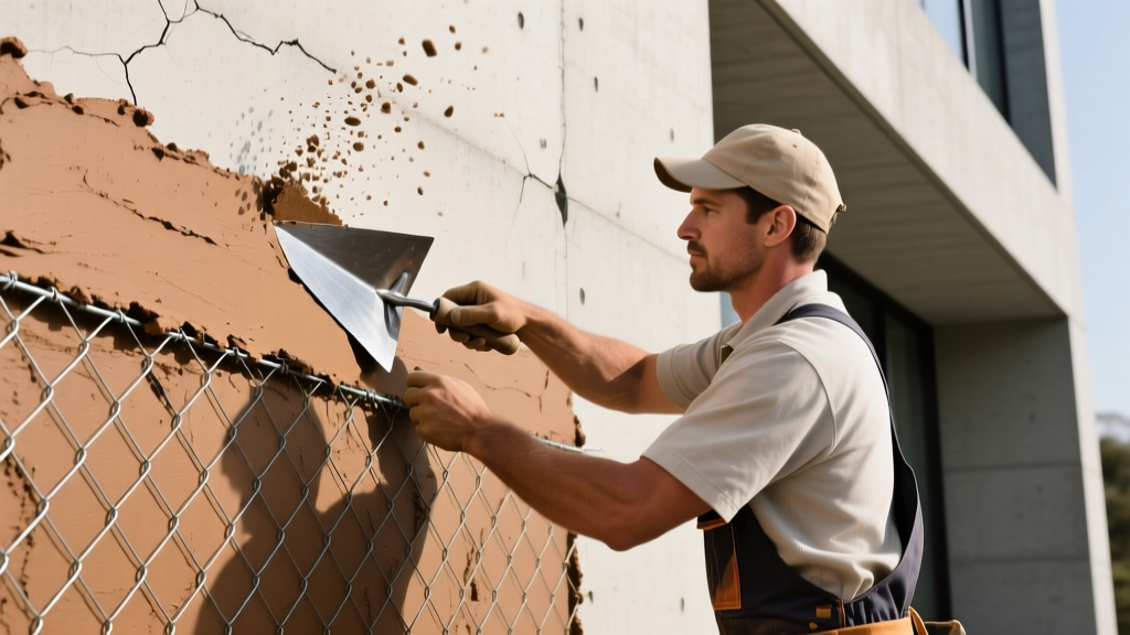 Mason using a steel trowel to apply textured brown stucco building material over galvanized wire lath on an exterior wall
