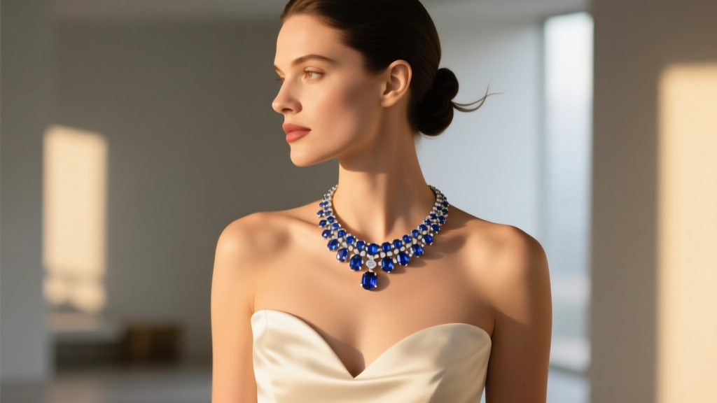 Woman wearing a sapphire and diamond riviere necklace with a sweetheart neckline dress, warm lighting emphasizing the blue gems.