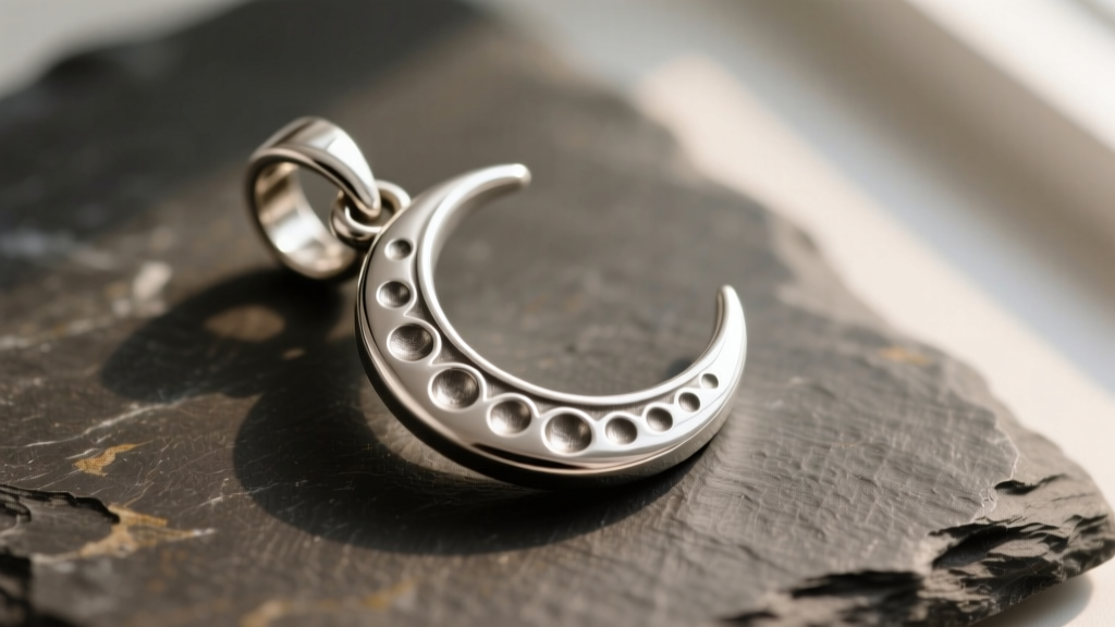 Macro shot of a sterling silver crescent moon pendant on dark slate, showing engraved craters and a sturdy lobster clasp.