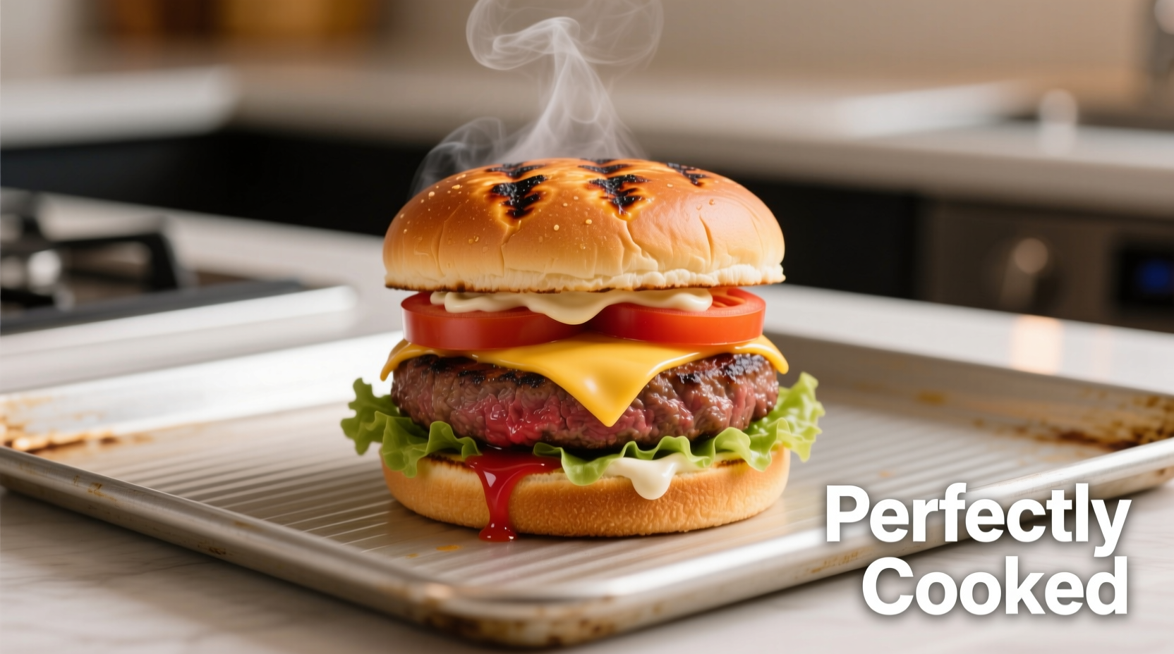 Perfectly cooked beef burgers on oven baking sheet