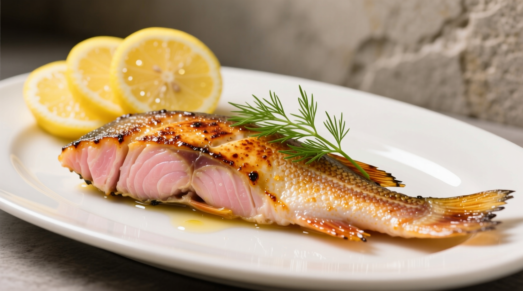 Perfectly seared redfish fillet with lemon garnish