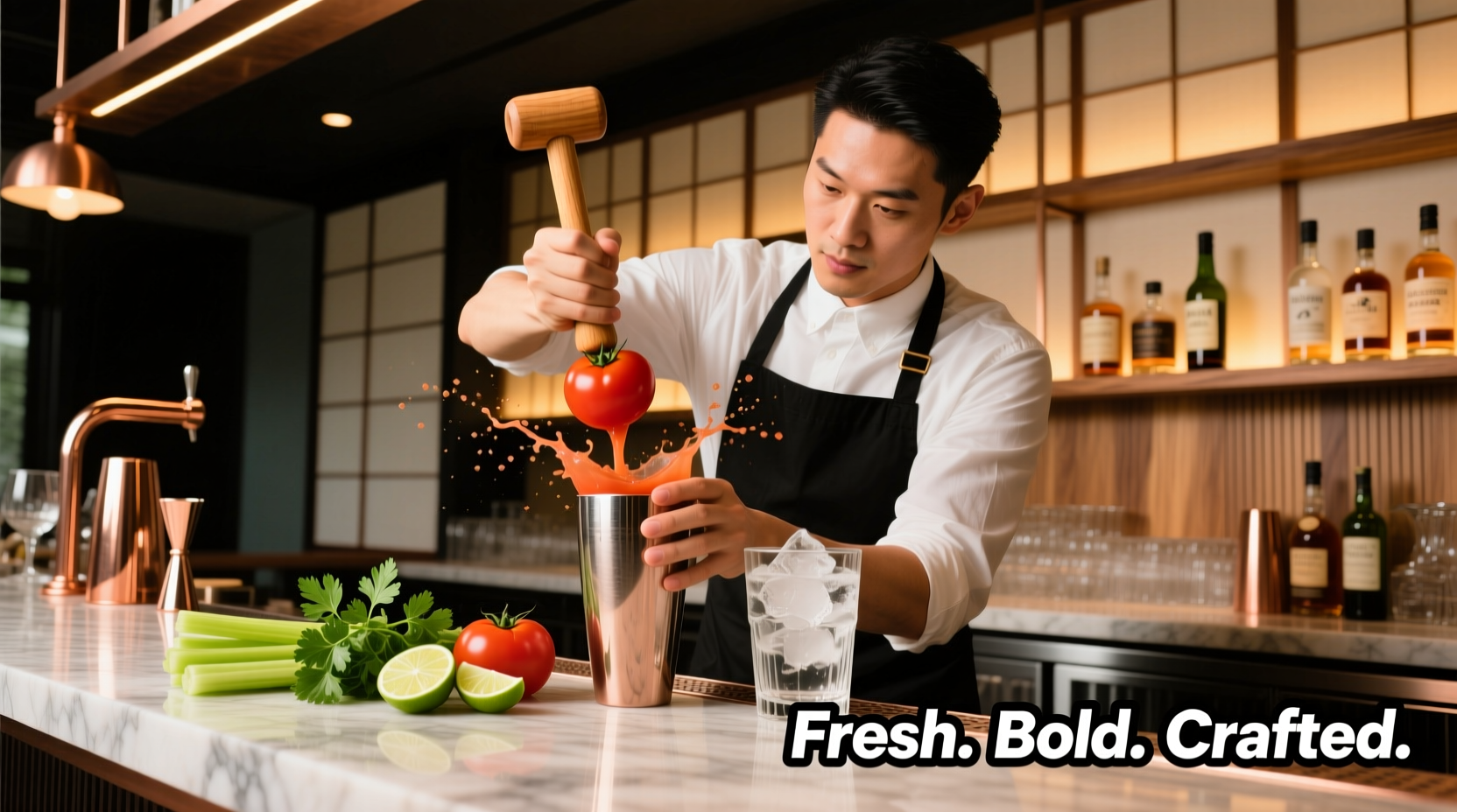 Professional bartender preparing tomato juice cocktail with fresh ingredients