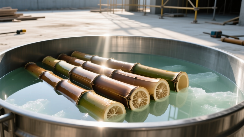 Cross-section of treated bamboo culms soaking in a metal vat filled with borax solution at a sunny construction yard