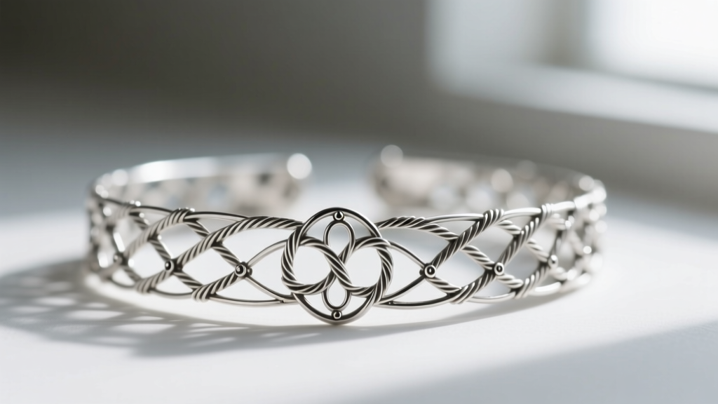 Close-up of delicate sterling silver necklace filigree choker showing slight oxidation in crevices highlighting textured wirework