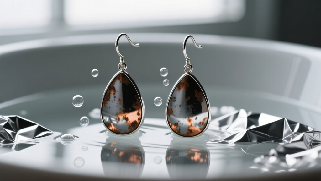 Tarnished teardrop silver earrings in an aluminum foil bath, with small bubbles forming on the dark oxidized metal surfaces.