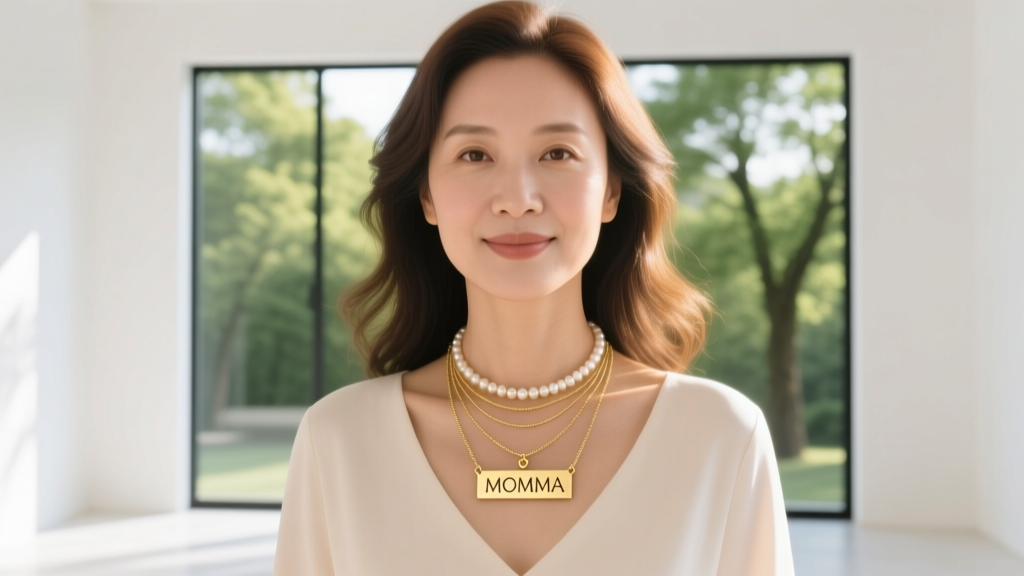 Mother wearing a layered necklace stack with a gold bar, a momma script pendant, and a pearl choker in bright natural sunlight.