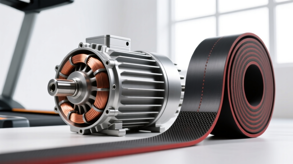 Close up of a 4.0 CHP treadmill motor and thick multi-ply running belt designed to withstand high-impact sprint intervals