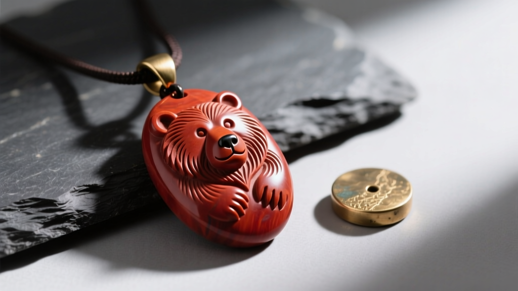 A carved red pipestone catlinite pendant featuring a bear motif, displayed on a dark slate surface next to raw brass.