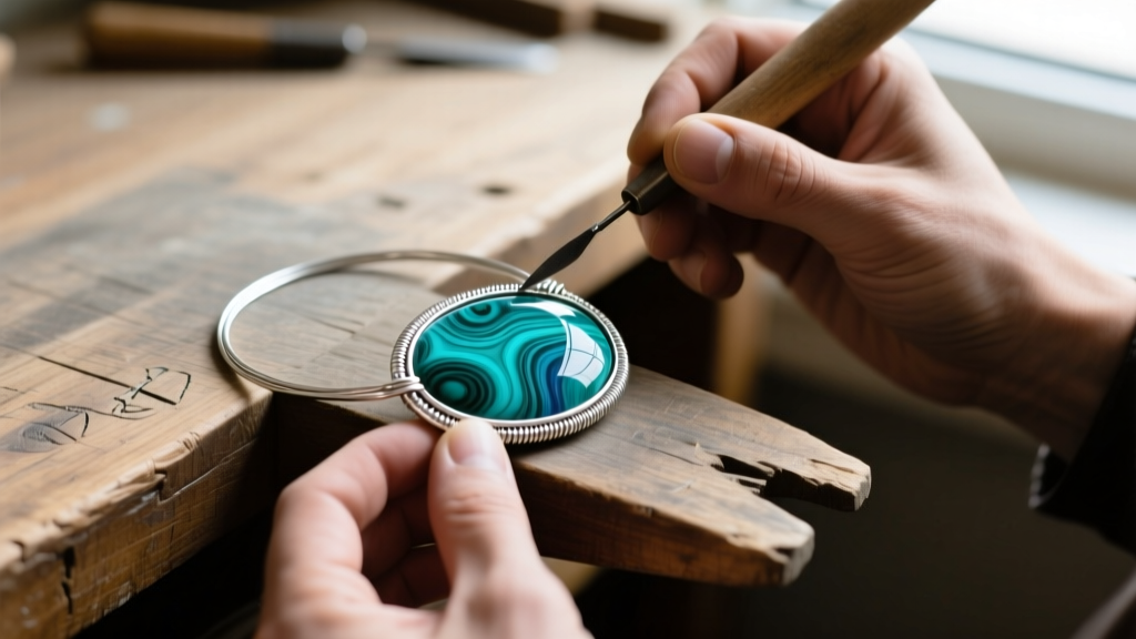 Jeweler using a burnisher to fold 20-gauge fine silver bezel wire around an azurite malachite oval stone on a wooden work bench
