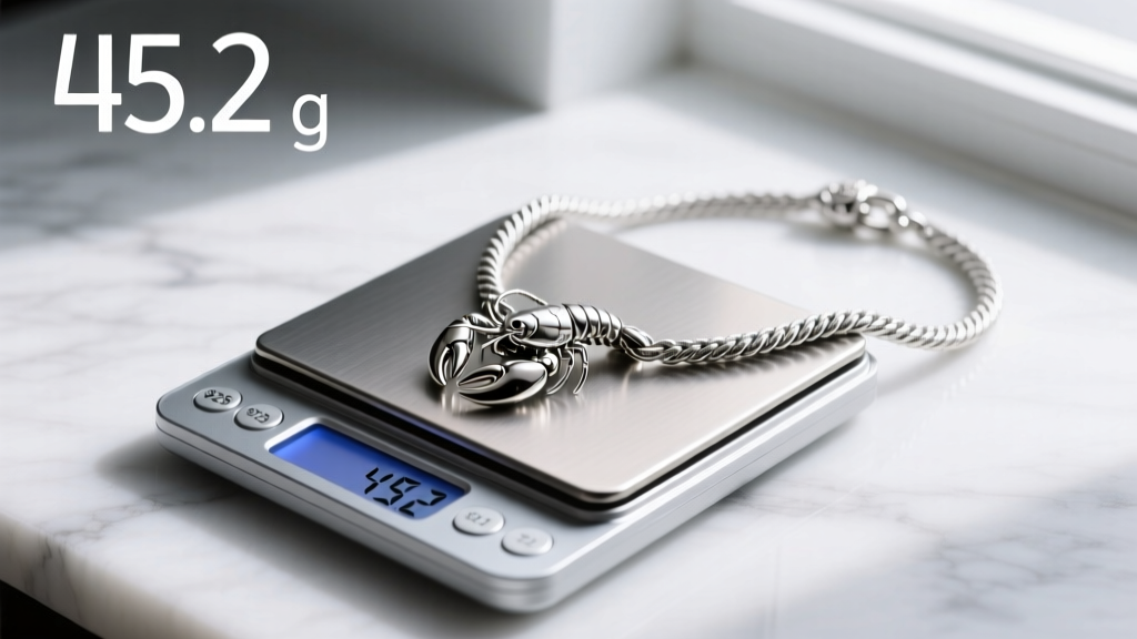 Digital jewelry scale showing 45.2 grams next to a thick 925 sterling silver rope chain necklace with a large lobster clasp.