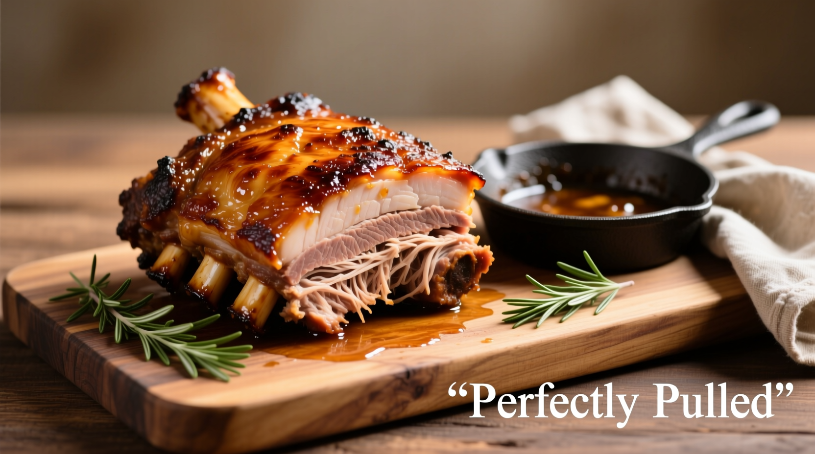 Perfectly cooked pulled pork shoulder on cutting board