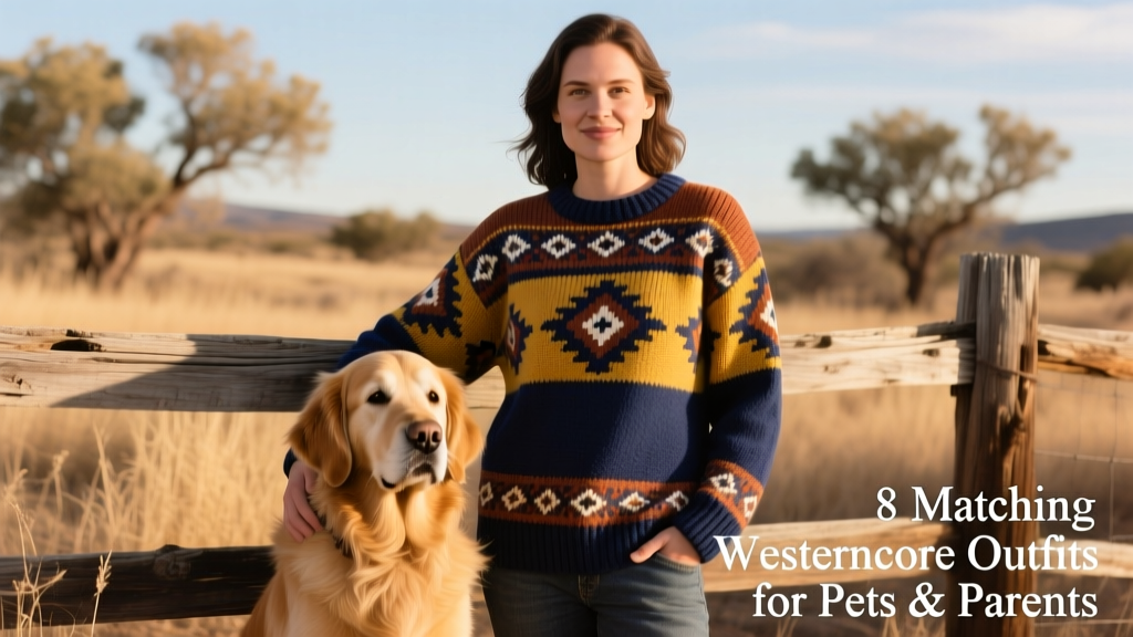 A dog and their human wearing matching Southwest-patterned sweaters, standing against a rustic wooden fence