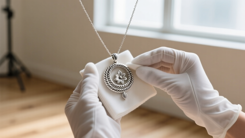 Hands in cotton gloves gently polishing a sterling silver naja pendant of a squash blossom necklace with a soft microfiber cloth.