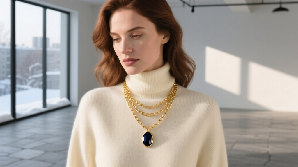 Elegant woman in cream cashmere turtleneck wearing layered 18k gold paperclip chain and dark enamel pendant, soft winter light.