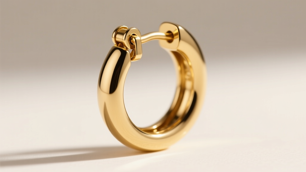 Side profile of a hinged 14k gold hoop earring mechanism clicking shut, highlighting the small metal latch and seamless closure
