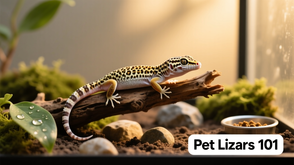 A calm leopard gecko resting on a natural-looking terrarium branch
