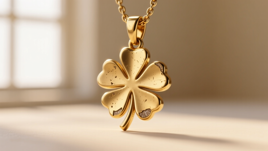 Side profile macro photography of a worn gold-plated four leaf clover necklace bail showing brass exposure and friction damage.